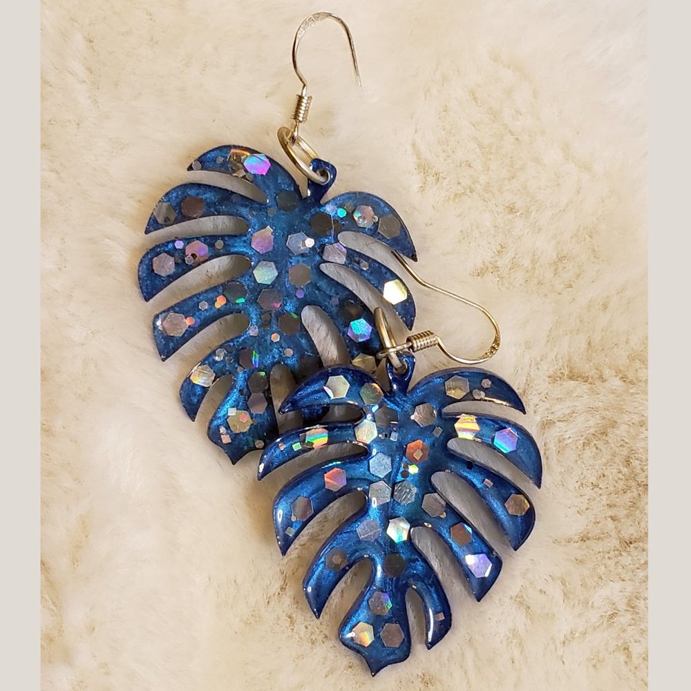 Glittery Blue Tropical Monstera Leaf Earrings - Picture 2 of 3